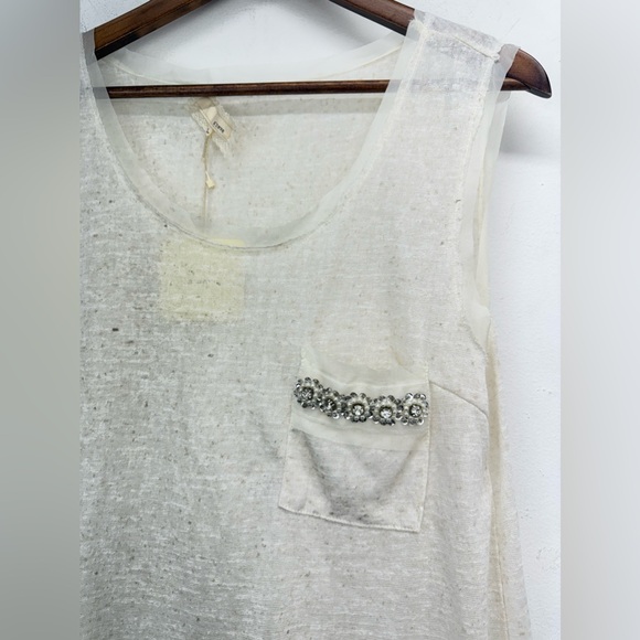 A’reve size Large Women’s Ivory Linen Blend Lace Trim Rhinestone Tank Top - Picture 2 of 7